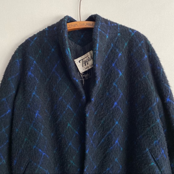 Vintage 50s Tygier Black Plaid Wool Cocoon Swing Full Length Coat L-Xl - Picture 4 of 7